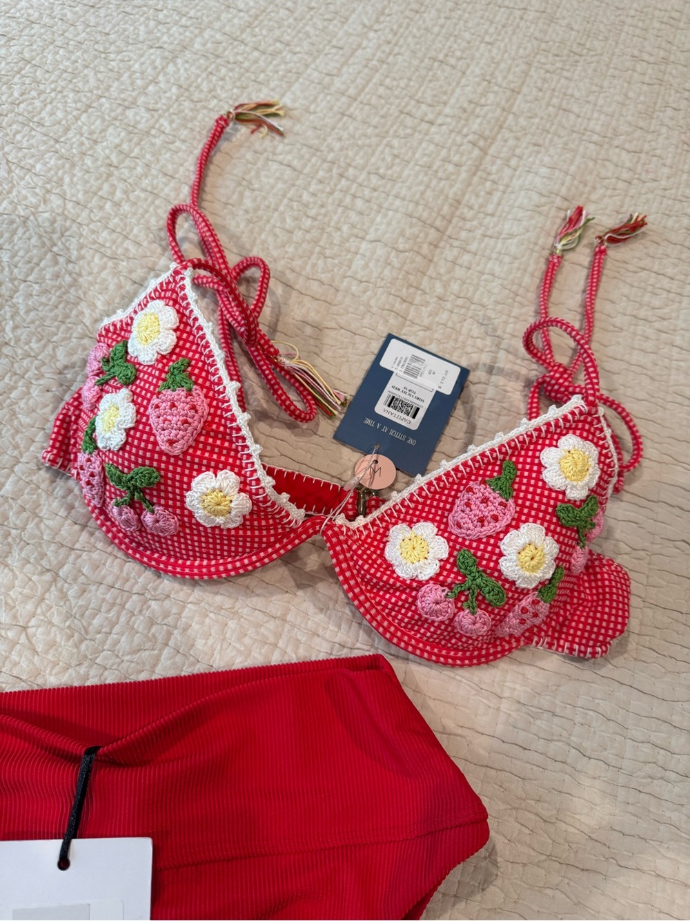 Capittana Miri Vichy Red Strawberries Daisies Bikini Top & Beach Riot Red Bottom - Picture 2 of 2
